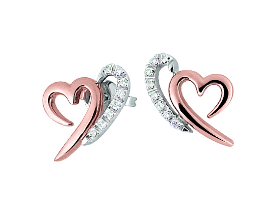 Cercei din aur roz si aur alb 18K in forma de inima cu diamante 0,08 ct, model Orsini 00205BL-BR