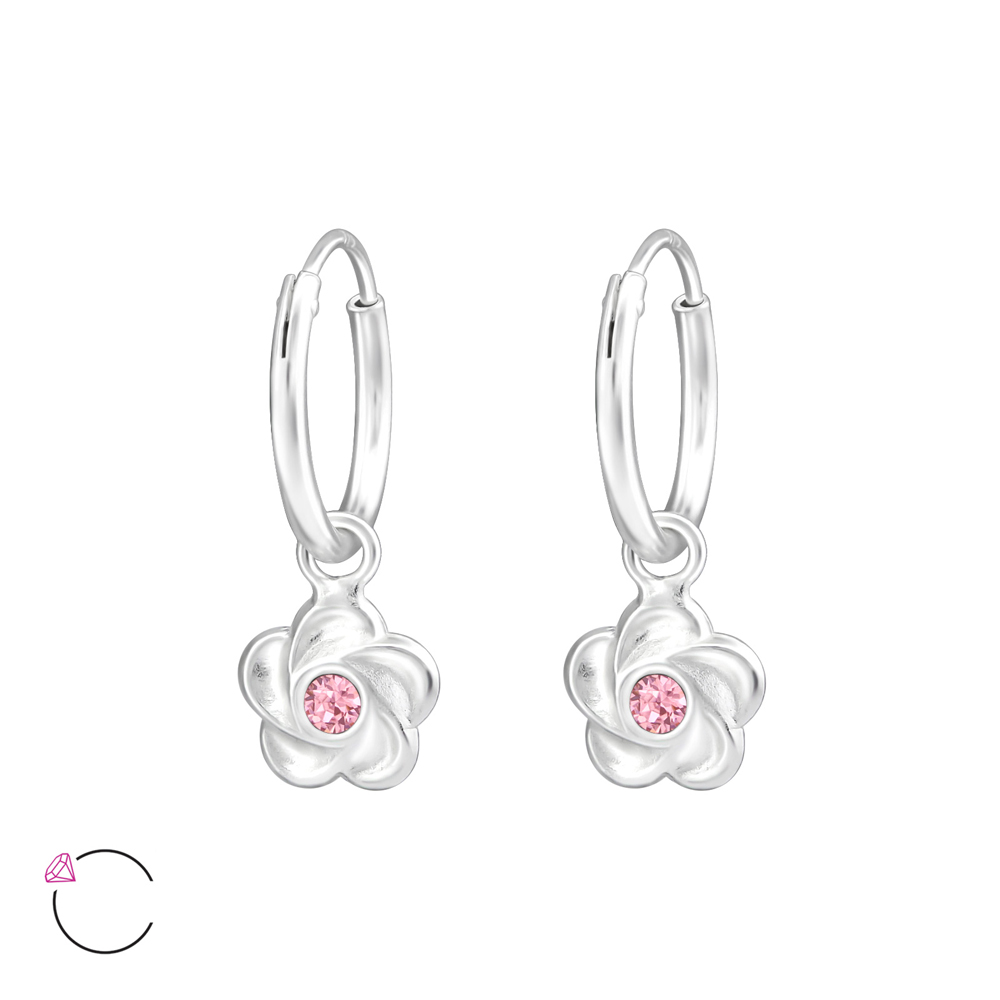 Cercei rotunzi din argint cu floare si cristal Swarovski roz model DiAmanti DIA32878