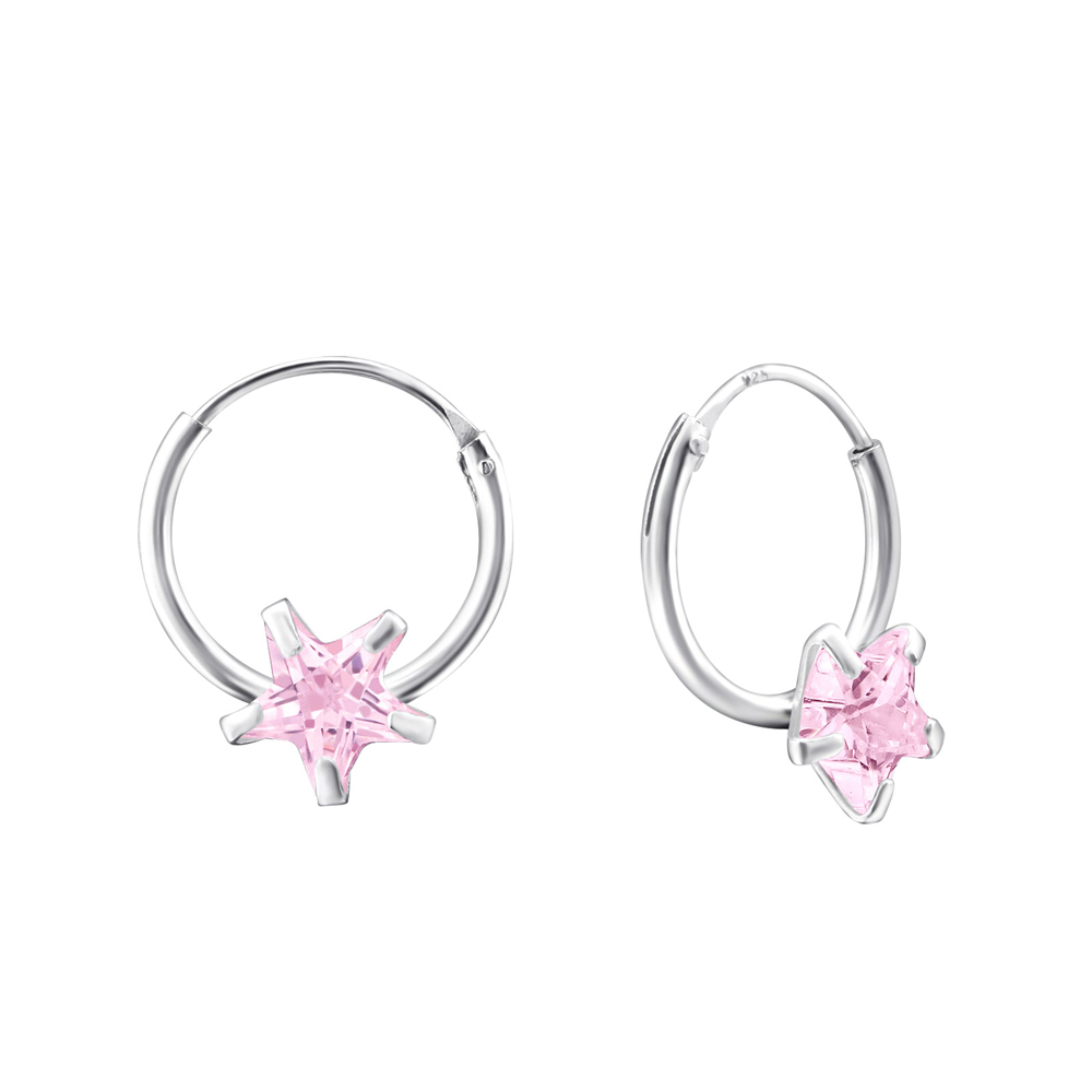 Cercei rotunzi din argint cu zirconiu in forma de steluta roz DiAmanti DIA13871-Pink