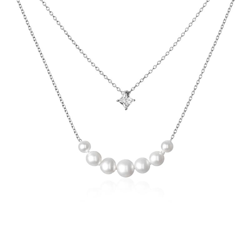 Colier cu perle naturale albe cu lantisor dublu din argint si piatra DiAmanti SK20233N-W-G (Argint 925‰ 3,1 g.)